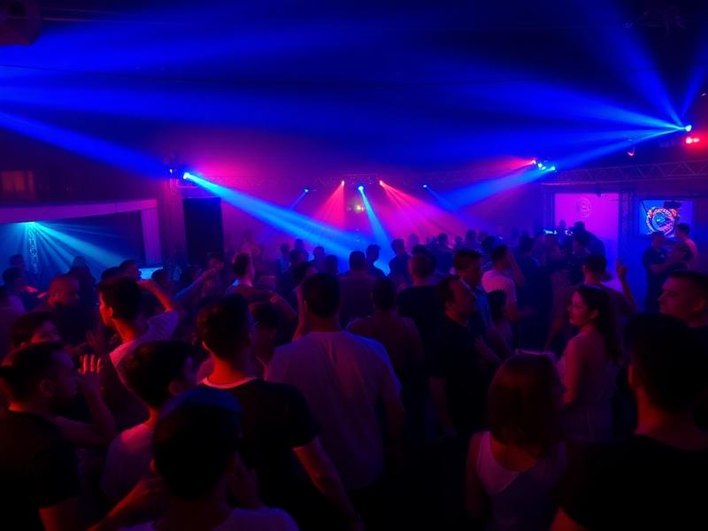 Crowd dancing at a vibrant party with colorful lighting