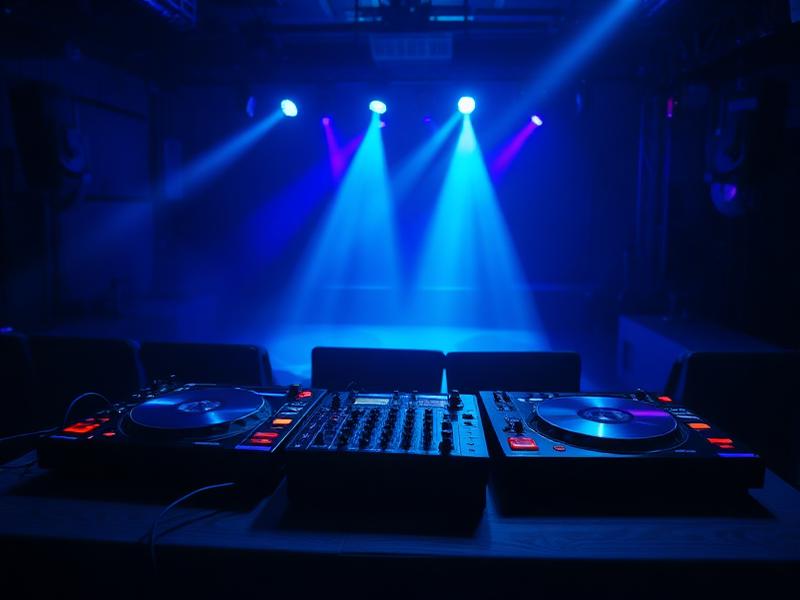 Professional DJ equipment setup with blue stage lighting