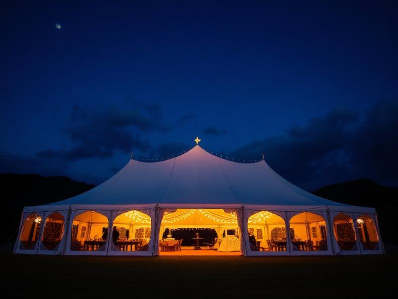 Elegant marquee tent lit up at night for an outdoor event